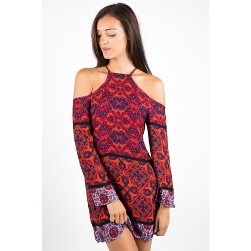 MINKPINK Red Multicolor Sun Dancer Cold Shoulder Long Sleeve Mini Dress XS